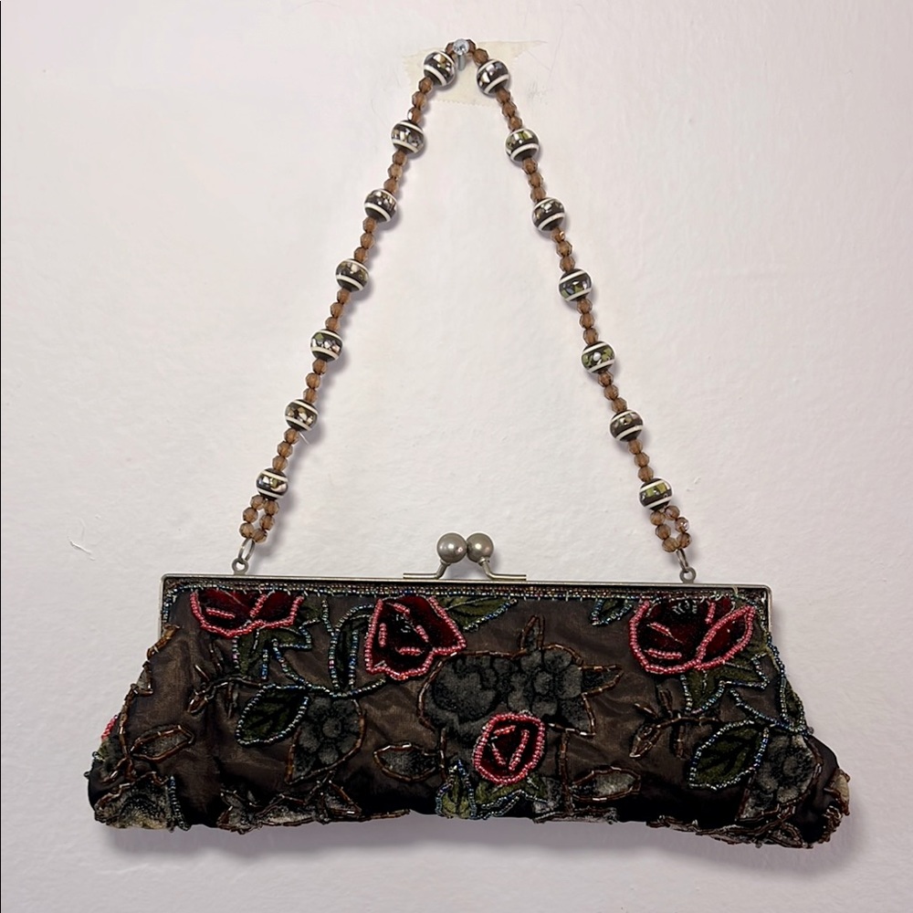Vintage Embroidered Floral Clutch with Beaded Strap